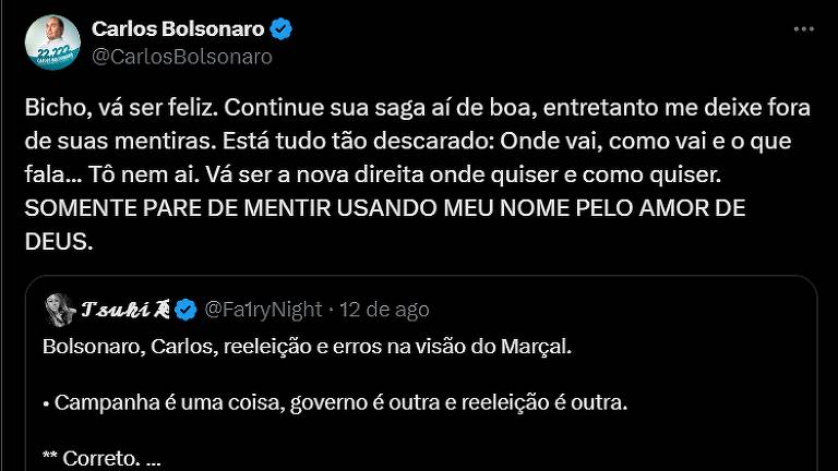 Carlos Bolsonaro retuitou trecho da conversa no dia seguinte e mandou o coach "parar de mentir"