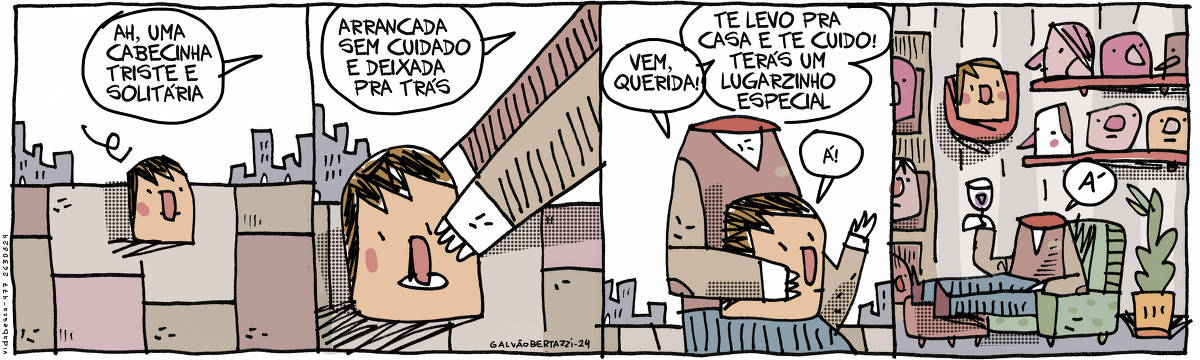 A tira de Galvão Bertazzi se chama Vida Besta e está dividida em quatro quadros. No primeiro quadro uma cabeça de um homem está largada na calçada. Alguém diz: Ah, uma cabecinha triste e solitária. NO segundo quadro a pessoa se abaixa e alcança a cabeça. Ela diz: Arrancada sem cuidado e deixada pra trás. No terceiro quadro, uma pessoa sem cabeça carrega nos braços a cabeça que estava no chão. Ela diz: Vem, querida! Te levo pra casa e te cuido! Terás um lugarzinho especial. A cabecinha diz: á! No quarto quadro o homem sem cabeça está agora sentado numa confortável poltrona em sua casa. ELe toma um bom vinho. Ao seu redor uma coleção de cabeças, espalhadas por estantes e prateleiras. A cabeça que acabara de encontrar  na rua está agora pendurada num lugar de destaque na parede, como se fosse um troféu. 