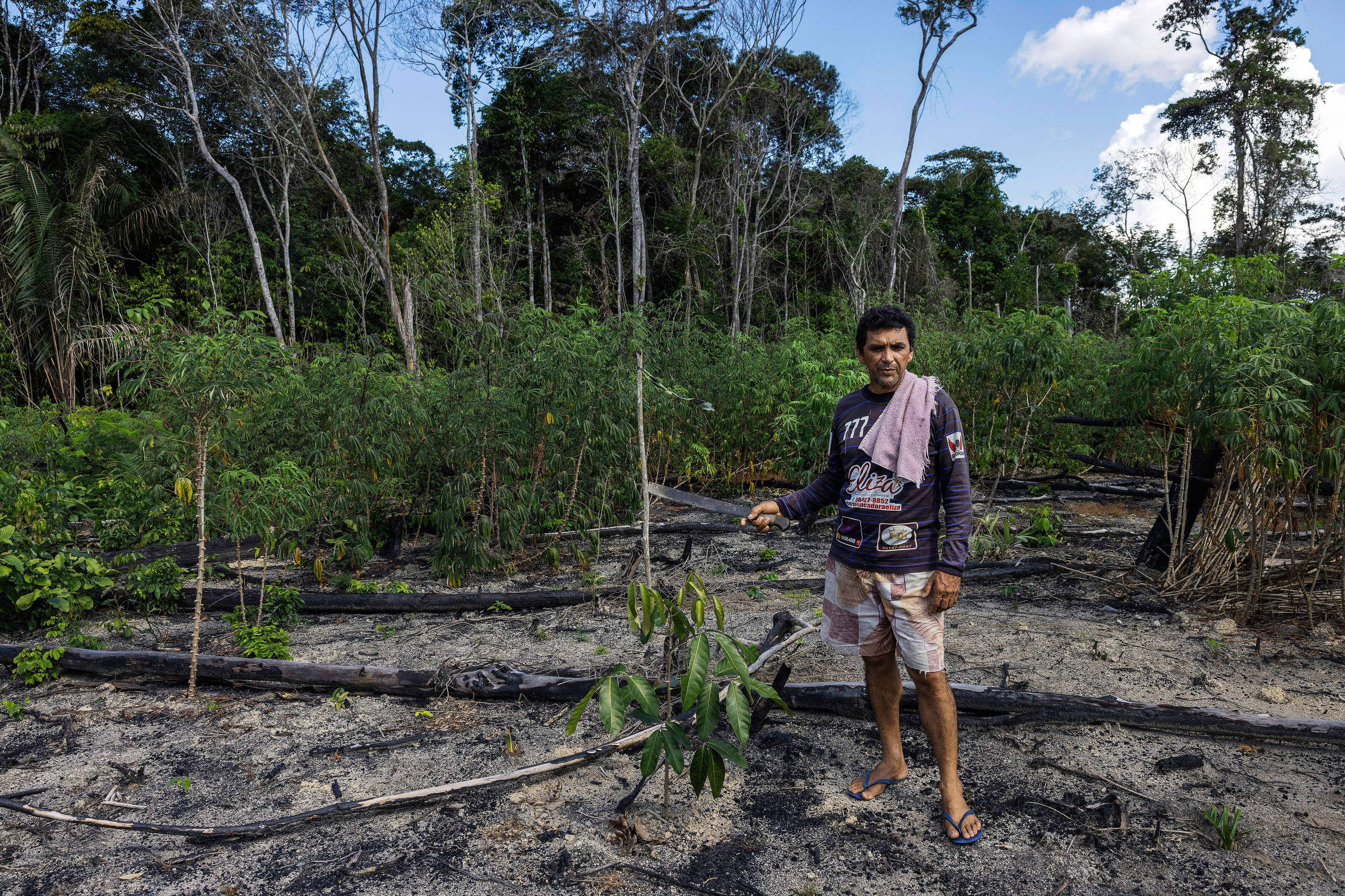 Homem segura facão ao lado de plantas