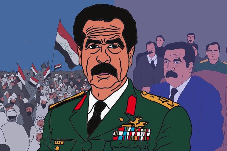 A ilustração de Annette Schwartsman, publicada na Folha de São Paulo no dia 25 de agosto de 2024, mostra, no centro da imagem, um tirano representado pelo ex-presidente do Iraque Saddam Hussein, usando uniforme militar, e ao fundo, de um lado, uma revolução popular e, do outro, ele sendo julgado em um tribunal.