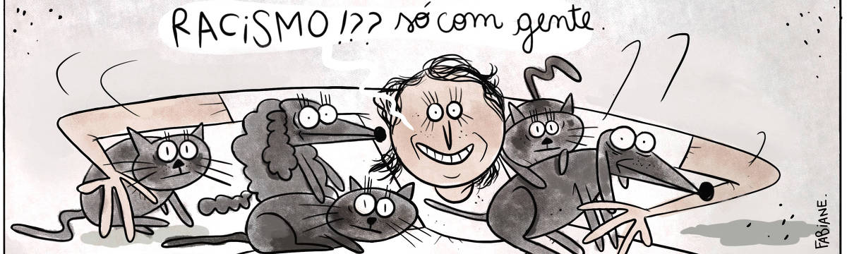 A tira Viver Dói, de Fabiane Langona, publicada em 27/08/2024 é composta por um único quadro. Nele, vemos uma mulher branca e sorridente. Ela está agachada e abraçada em alguns cães e gatos. Eles são todos pretos e expressam incredulidade.  No quadrinho 1, a mulher diz: "Racismo!?? Só com gente.". 