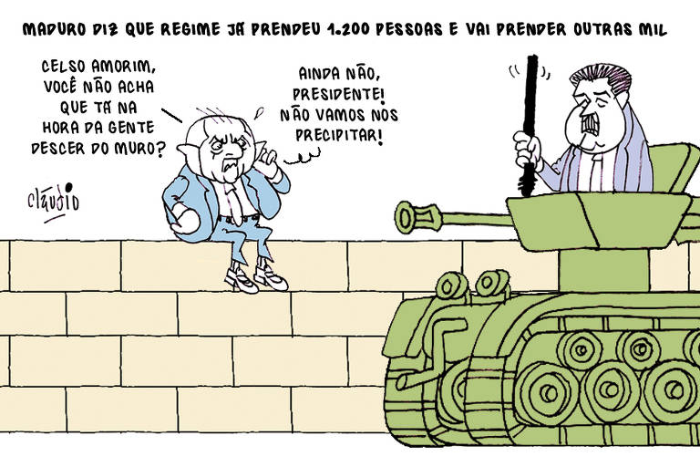 O título da charge é Maduro diz que regime já prendeu 1.200 pessoas e vai prender outras mil. O desenho mostra Lula ao celular falando com Celso Amorim. Lula pergunta: - Celso Amorim, você não aho que tá na hora da gente descer do muro? O diplomata responde: Ainda não, presidente! Não vamos nos precipitar! Vindo do canto direito, aparece Nicolás Maduro com um cassetete na mão montado em um tanque de Guerra.