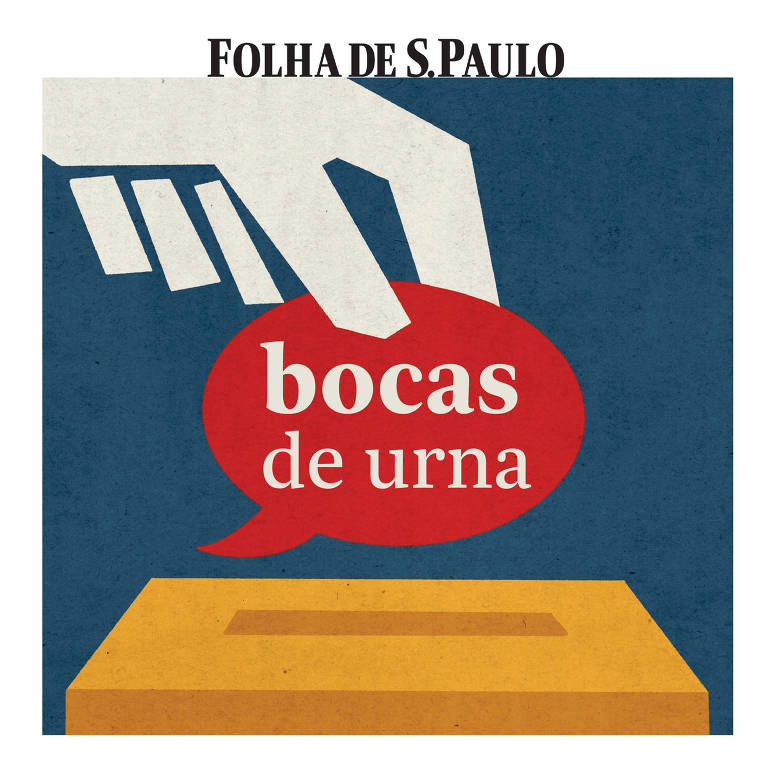 Capa do podcast tem fundo azul com uma urna em amarelo e uma mão branca segurando um balão vermelho com o nome "Bocas de Urna"