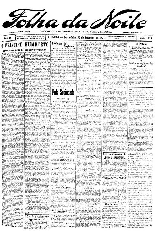 Primeira Página da Folha da Noite de 30 de setembro de 1924