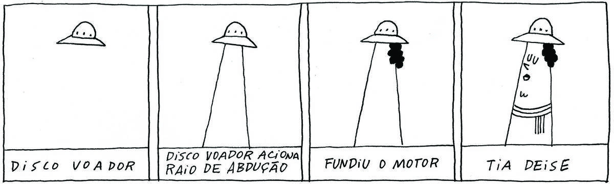 A tirinha, Bicudinho, publicada em 31/08/2024, dividida em 4 quadrinhos, traz uma sequência de desenhos que se transforma a cada quadrinho. No quadrinho 1, há um disco voador voando na área superior. Abaixo, a legenda: Disco Voador. No quadrinho 2, o disco voador solta um faixo de luz. Abaixo, a legenda: Disco voador solta raio de abdução. No quadrinho 4, uma fumacinha preta sai do disco voador. Abaixo: a legenda: Fundiu o motor. No quadrinho 5, o desenho se transforma na figura de uma mulher de chapéu. Abaixo, a legenda: Tia Deise.