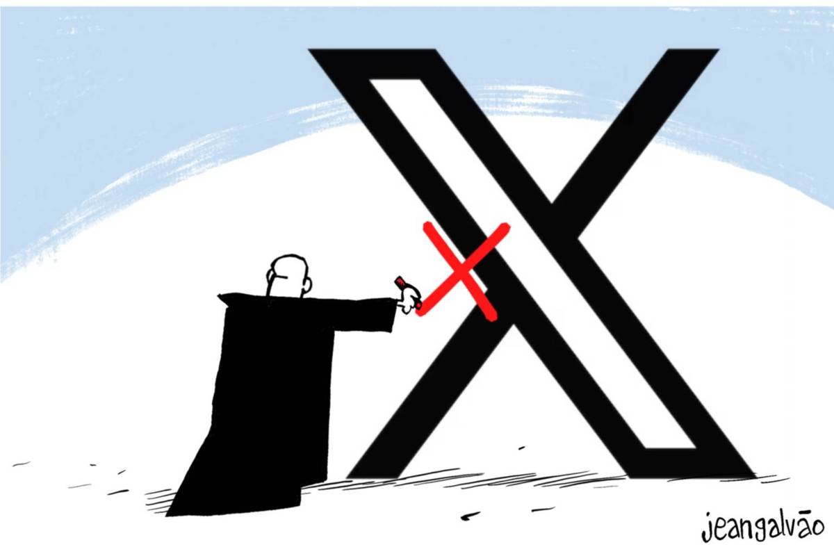 A charge de Jean Galvão publicada na Folha mostra o Ministro Alexandre de Moraes de costas, com o braço esticado e escrevendo um “x” em vermelho sobre o logotipo da rede social X, em tamanho grande.