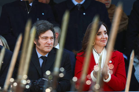 Argentina's President Javier Milei and Vice President Victoria Villarruel attend a military parade commemorating the 208th anniversary of the country's independence from Spain in 1816, in Buenos Aires, Argentina July 9, 2024. REUTERS/Matias Baglietto ORG XMIT: LIVE