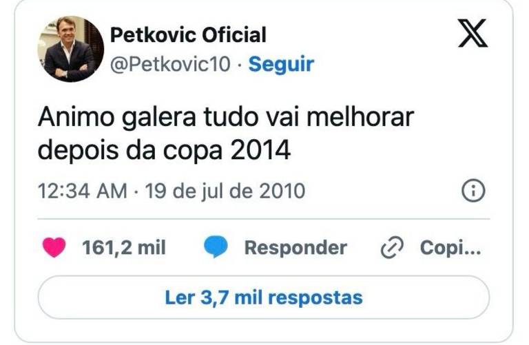 O tuíte esperançoso do ex-jogador sérvio Dejan Petkovic sobre a Copa de 2014, em que o Brasil perdeu da Alemanha por 7 a 1, foi outro citado