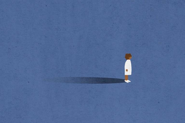 A imagem apresenta uma ilustração minimalista de uma menina em pé, vestindo um vestido branco e sapatos brancos, em um fundo azul. A criança tem cabelo cacheado e está projetando uma sombra no chão.