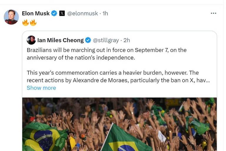 Elon Musk, dono do X (ex-Twitter), reage com dois emojis de fogo a uma publicação sobre o 7 de Setembro