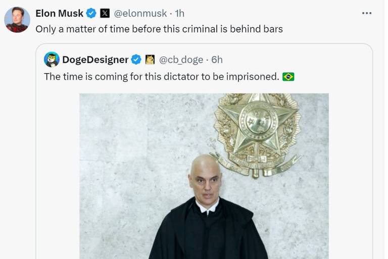 Elon Musk diz que é apenas uma questão de tempo até que Alexandre de Moraes, do STF, 'esteja atrás das grades'