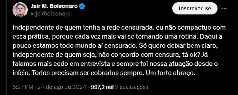 Quando a Justiça Eleitoral mandou derrubar as páginas de Marçal, Bolsonaro afirmou que "não concorda com censura"