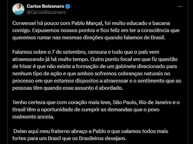 Na sequência, Carlos Bolsonaro disse no X que Marçal foi muito educado e bacana com ele no telefone. Marçal havia chamado Carlos de "retardado mental", entre outras críticas e xingamentos, dias antes