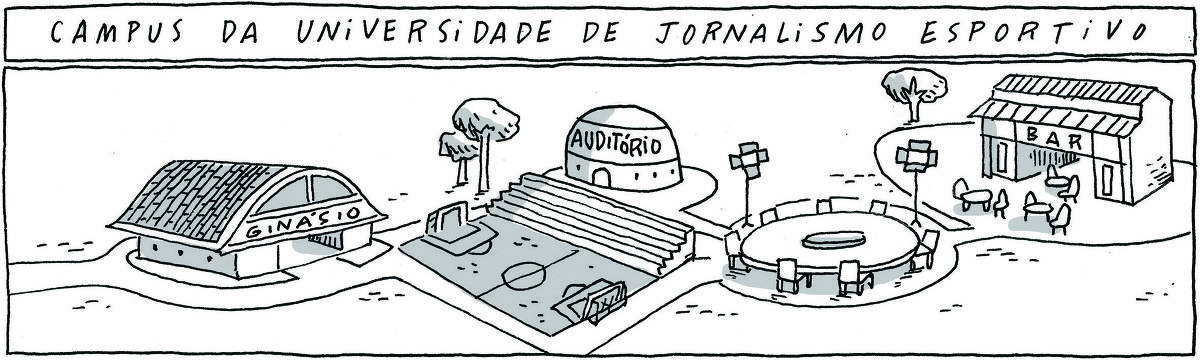 A tirinha CAMPUS DA UNIVERSIDADE DE JORNALISMO ESPORTIVO traz o desenho de um projeto de campus de universidade. À esquerda fica um ginásio. Ao lado, um campo de futebol com arquibancada, ao lado um auditório e mais à direita, uma grande mesa redonda rodeada por cadeiras e refletores, por último um bar.