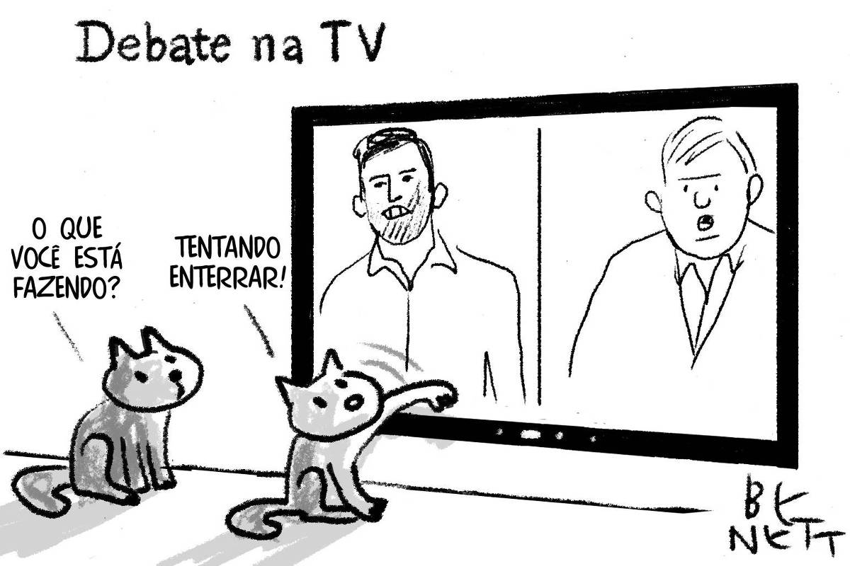 A charge de hoje publicada pela Folha em todas as suas plataformas é de Benett (@cartunistabenett). Ela tem o título Debate na TV. Ela mostra uma TV grande com a imagem de dois dos candidatos a prefeito de São Paulo, possivelmente Pablo Marçal e José Luiz Datena. Em frente a TV dois gatos sentados. Um deles está esfregando e passando a pata na tela. O outro gato pergunta "o que está fazendo"? "Tentando enterrar", responde.