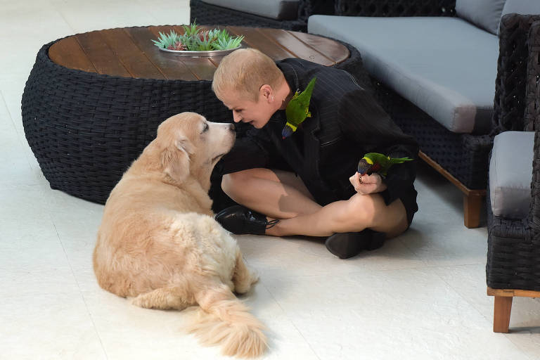 Uma pessoa está agachada em um ambiente interno, interagindo com um cachorro da raça Golden Retriever. O cachorro está olhando para a pessoa, que tem um olhar afetuoso. A pessoa também segura dois pássaros coloridos, um em cada mão, e está vestida com um traje escuro. Ao fundo, há um sofá e uma mesa de centro de madeira com plantas decorativas.