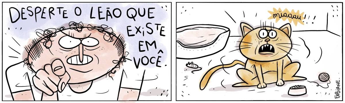 A tira Viver Dói, de Fabiane Langona, publicada em 04/09/2024 é composta por dois quadros horizontais. No primeiro, vemos um homem sério com olhar extremamente impositivo. Aparentemente, trata-se de um coach motivacional. Ele aponta o dedo indicador com firmeza na direção do leitor. No quadro seguinte, vemos um gato amarelo alaranjado sentado com expressão brava, forçando uma postura aguerrida e dominadora, como se estivesse tentando encaixar-se na demanda feita pelo homem do quadro anterior. O gato mia baixo, mas incisivamente.     No quadrinho 1, o homem diz: "DESPERTE O LEÃO QUE EXISTE EM VOCÊ!!!".   No quadrinho 2, o gato mia grunhindo: "Miauuu!!! ". 