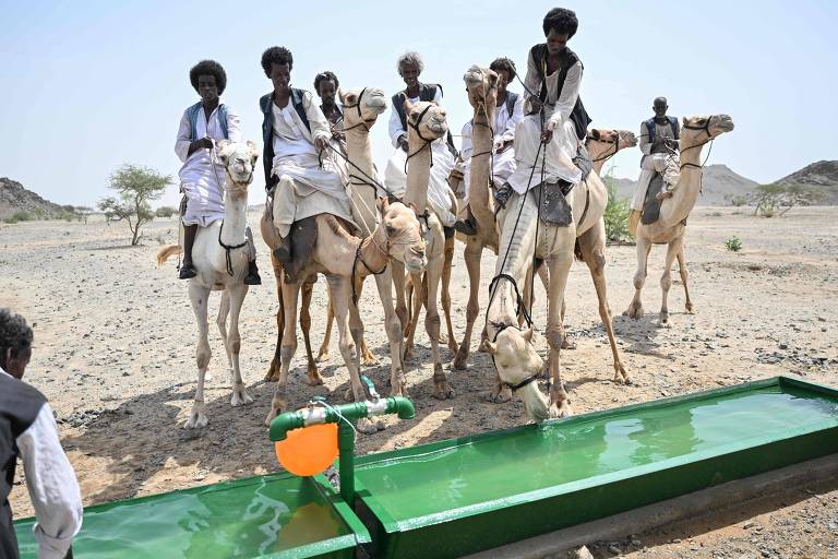 A imagem mostra um grupo de homens montados em camelos em uma área desértica. Eles estão em pé ao lado de um poço com água verde, onde um dos camelos está bebendo. O cenário é árido, com algumas árvores esparsas e montanhas ao fundo. Os homens vestem roupas tradicionais e parecem estar em uma região rural