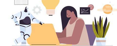 Ilustração de empresária trabalhando em laptop com ideia criativa de lâmpada para brainstorming de solução de negócios 