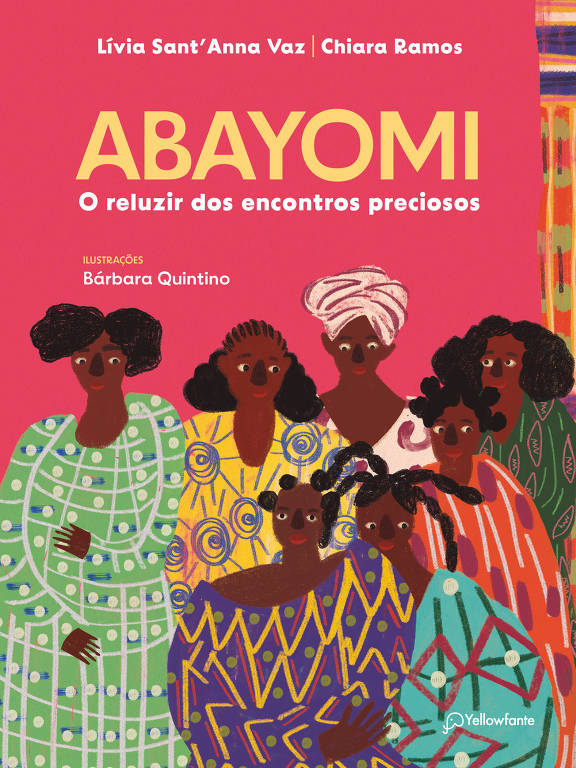 Capa de livro pink, onde há ilustrações de sete mulheres negras, cada uma com uma roupa estampada em uma cor