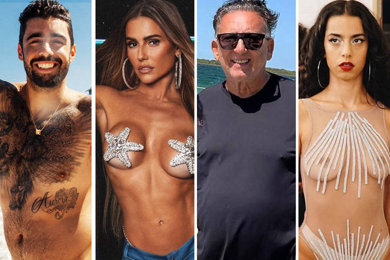 Homem sem camisa ao lado de mulher com estrelas nos seios, homem de camiseta e óculos escuros e uma mulher com roupa transparente na última imagem