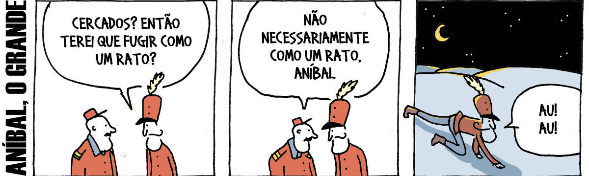 A tira de André Dahmer, publicada em 05.09.2024, tem três quadrinhos. Com uma legenda que diz "Aníbal, o grande", traz em seu primeiro quadro dois militares. Um deles é Aníbal, que diz: "Cercados? Então terei que fugir como um rato?. No segundo quadro, o outro militar responde: "Não necessariamente como um rato, Aníbal". No terceiro quadro, Aníbal aparece andando de quatro. É noite e uma lua o ilumina. Aníbal late: "Au! Au!".