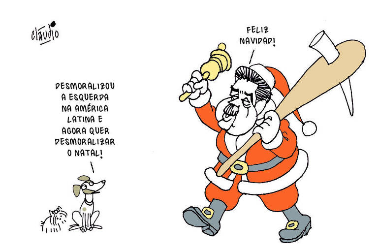 A charge mostra, ao fundo, uma uma cadela yorkshire terrier e um vira-lata, que diz: - Desmoralizou a esquerda na América Latina e agora quer desmoralizar o Natal! Em primeiro plano aparece o ditador da Venezuela, nicolás Maduro, vestido de Papai Noel. Na mão direita ele toca uma sineta. Com a esquerda, segura um porrete. Maduro diz: - Feliz Navidad!