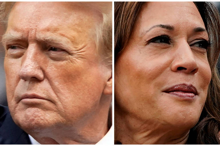 Fotomontagem tem foto de perfil de Trump do lado esquerdo e de Kamala Harris do lado direito; eles olham em sentidos opostos