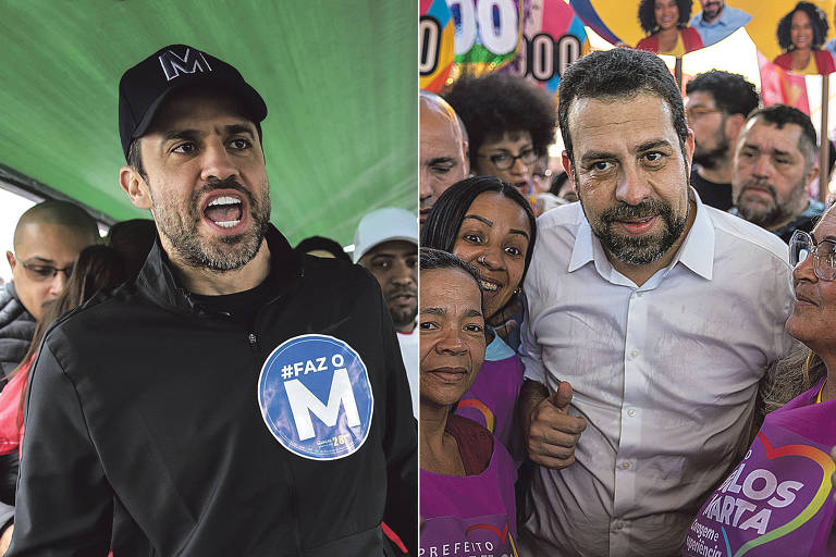 A imagem é dividida em duas partes. À esquerda, Pablo Marçal, um homem com uma expressão intensa, usando um moletom preto com um logotipo azul e um boné preto, parece estar falando de forma enérgica. À direita, Guilherme Boulos, com uma expressão calma, cercado por um grupo de pessoas, vestindo camisetas coloridas.