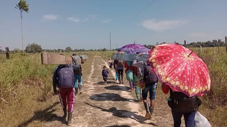 A imagem mostra um grupo de pessoas caminhando em um caminho de terra. Algumas pessoas estão usando sombrinhas coloridas, como uma roxa e uma vermelha. O cenário é aberto, com vegetação ao redor e um céu claro. Ao fundo, há algumas árvores e uma linha de postes.