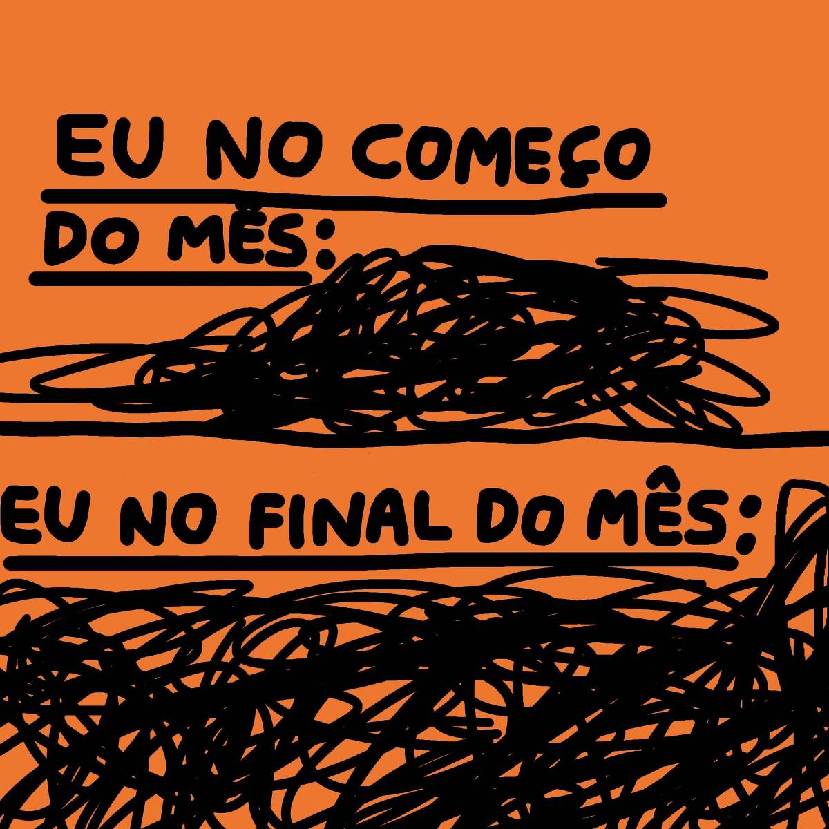 A imagem apresenta um fundo laranja com dois blocos. A parte superior contém o texto 'EU NO COMEÇO DO MÊS:' seguido de uma área coberta por rabiscos pretos. A parte inferior tem o texto 'EU NO FINAL DO MÊS:' seguido de uma área com mais rabiscos pretos.