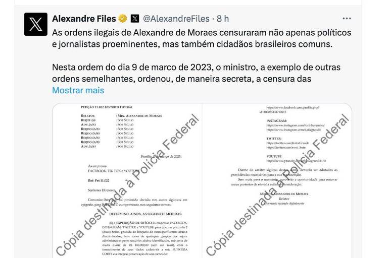 A imagem é uma captura de tela de um tweet de Alexandre Files, que discute ordens de censura emitidas por Alexandre de Moraes. O texto menciona que essas ordens afetaram não apenas políticos e jornalistas, mas também cidadãos comuns. A parte inferior da imagem contém um documento que parece ser uma petição relacionada a ordens de censura direcionadas a empresas de redes sociais como Facebook, TikTok e YouTube, datada de 9 de março de 2023.