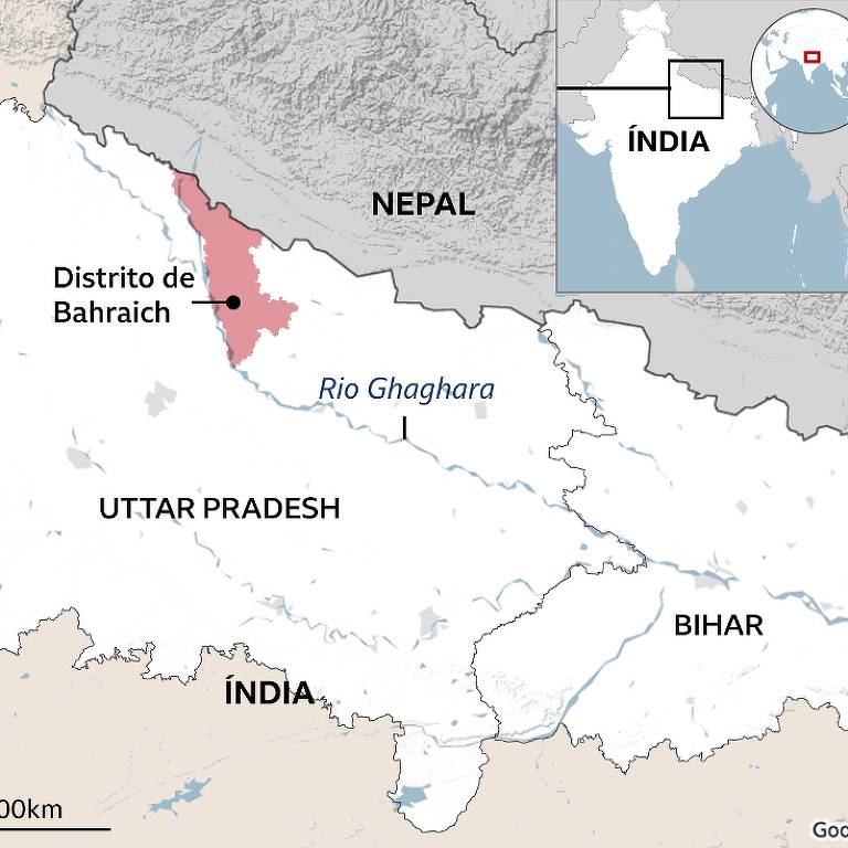 O mapa mostra a localização do Distrito de Bahraich, destacado em rosa, na região de Uttar Pradesh, na Índia. O Rio Ghaghara é visível, e o mapa inclui a indicação de Nepal ao norte e Bihar ao sul. Um pequeno mapa no canto superior direito mostra a localização geral da Índia.