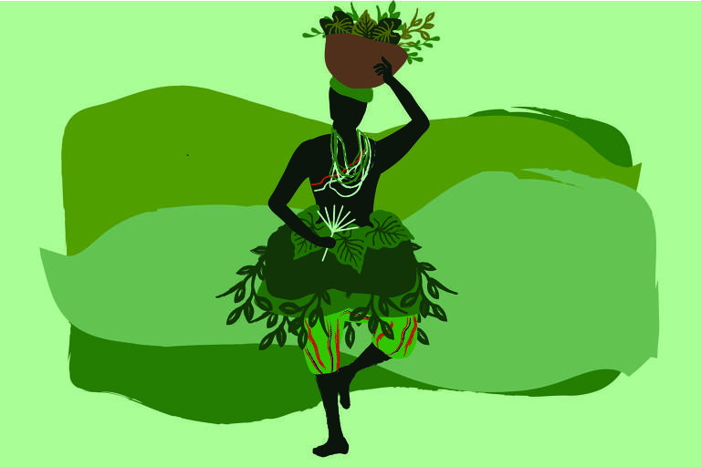 Ilustração de fundo verde, com a figura do Orixá Ossain ao centro. Ele é um homem negro e está equilibrado em uma de suas pernas, usa roupas verdes revestidas de folhas, carrega uma cabaça aberta sobre a cabeça, com várias folhas e na mão direita leva sua ferramenta: uma haste de ferro composta por sete pontas.