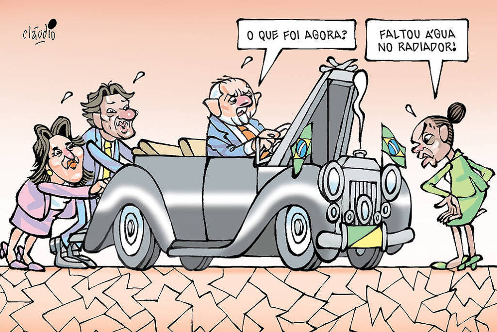 A charge mostra Lula ao volante do Rolls Royce presidencial. Atrás, empurrando o carro, aparecem os ministros Fernando Haddad, da Fazenda, e Simone Tebet, do Planejamento. O carro está parado. Lula pergunta:  - O que foi agora?  O capô do Rolls Royce presidencial está levantado e a ministra Marina Silva, do Meio Ambiente, examina o motor. Ela diz:  - Faltou água no radiador!