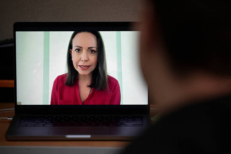 A imagem mostra uma tela de laptop exibindo uma mulher com cabelo liso e escuro, usando uma blusa vermelha. Ela está em um ambiente iluminado, com um fundo claro e algumas linhas verticais verdes. A mulher parece estar falando ou explicando algo. Na frente do laptop, há a silhueta de uma pessoa que está assistindo à videoconferência