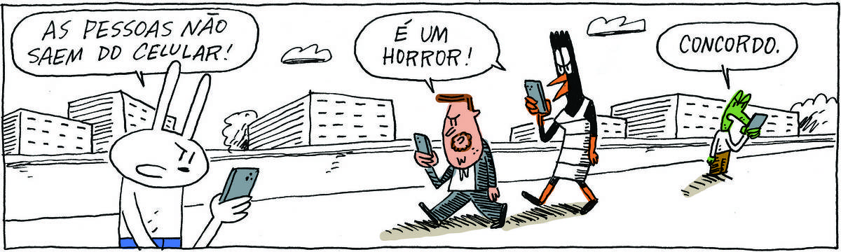 A tirinha BICUDINHO, publicada em 06/09/2024, com 1 quadrinho, traz TATI MATISSE, uma coelhinha branca de orelhas compridas e saia azul, PROFESSOR ROCHA, homem branco, gordinho, calça e paletó pretos, camisa branca e cavanhaque,  DOUTORA GISLAINE, uma ave preta pernalta, com bico laranja e vestido branco com listas pretas e ROBERTINHO, um lagarto verde com camiseta branca e calça bege. Estão todos em uma calçada, com uma cidade ao fundo, olhando fixamente para seus celulares. À esquerda, Tati diz: As pessoas não saem do celular. Ao lado, o professor e a doutora comentam: É um horror. Mais ao fundo, Robertinho completa: Concordo.