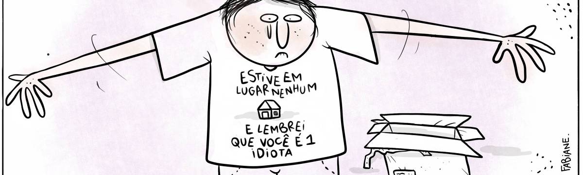 A tira Viver Dói, de Fabiane Langona, publicada em 06/09/2024 é composta por um único quadro horizontal. Nele vemos um homem vestindo uma camiseta. Ao lado do personagem há um pacote aberto, trata-se de uma caixa recém chegada do correio. O homem olha para baixo, na direção da estampa da camiseta, composta de uma frase e o desenho de uma casa. Ao que tudo indica, ele acabara de receber a peça de presente. Uma lágrima escorre em sua face.     No quadrinho 1, lê-se na estampada da camiseta: "Estive em lugar nenhum e lembrei que você é um idiota".