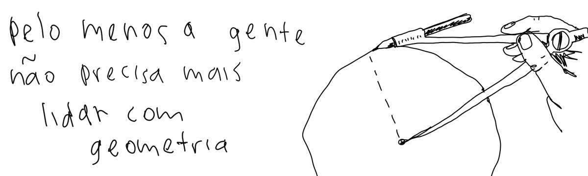 A tirinha em preto e branco de Estela May, publicada em 06/09/24, traz uma mão traçando um círculo com um compasso. À esquerda da imagem, “pelo menos a gente não precisa mais lidar com geometria”