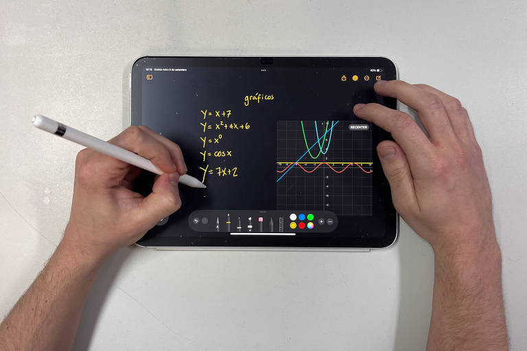 Foto em mergulho de pessoa manuseando o iPad. Tela mostra funções matemáticas, escritas à mão, e gráficos