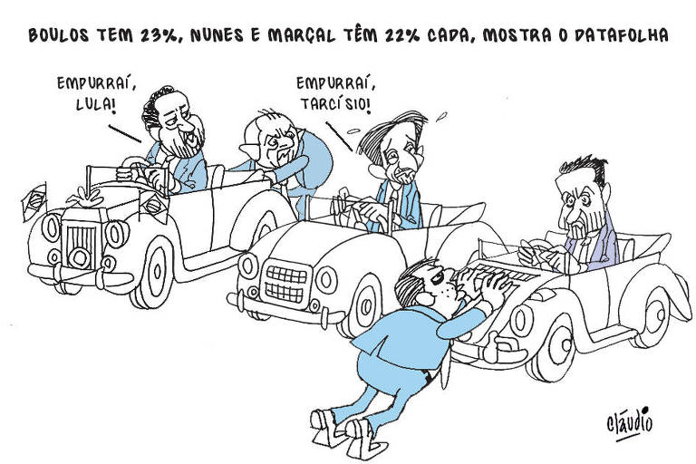 O título da charge é Boulos tem 23%, Nunes e Marçal têm 22% CADA, mostra pesquisa Datafolha.O desenho mostra Guilherme Boulos ao volante do RollsRoyce presidencial, sendo empurradopor Lula. Boulos pede prara Lula:- Empurraí, Lula!Ao lado, Ricardo Nunes está ao volante de umcarro DKV. Ele pede para o governador Tarcísio de Freitas:- Empurraí, Tarcísio!O governador aparece empurrando para trás um fusca queestá ao lado do carro de Nunes. No fusca, ao volante, está Pablo Marçal.