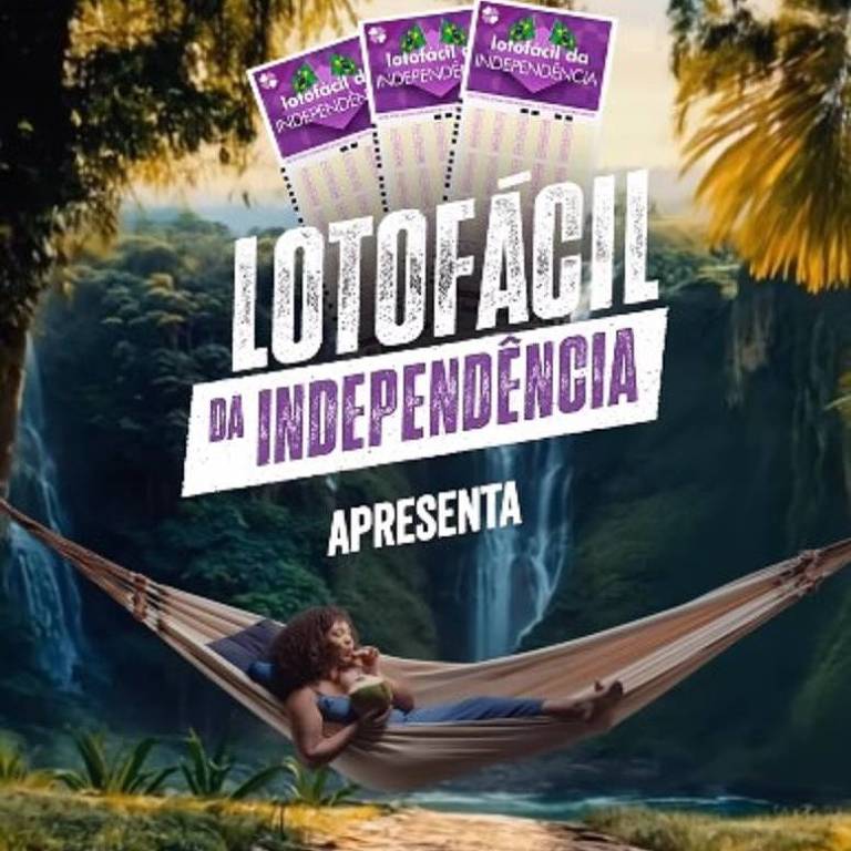 A imagem apresenta uma promoção da Lotofácil da Independência, com três bilhetes de loteria em destaque. Ao fundo, há uma paisagem natural com uma rede suspensa entre árvores, sugerindo um ambiente relaxante. O texto em destaque diz 'LOTOFÁCIL DA INDEPENDÊNCIA APRESENTA'.