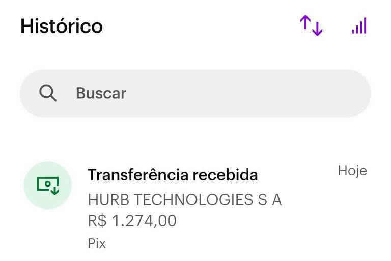 A imagem mostra uma tela de aplicativo com o título 'Histórico'. Há uma seção de busca e uma notificação de transferência recebida, com o texto 'Transferência recebida' e o nome 'HURB TECHNOLOGIES S.A.' seguido de um valor de R$ 1.274,00.