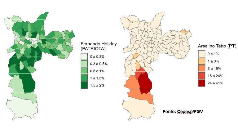 Os dois mapas coloridos mostram percentuais de votação