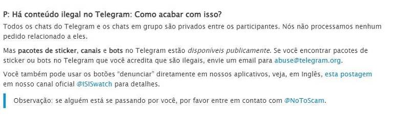 Telegram sinaliza, em inglês, que vai começar a moderar conteúdo
