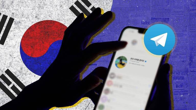 Ilustração de uma mão usando o aplicativo Telegram em um celular, com a bandeira coreana ao fundo
