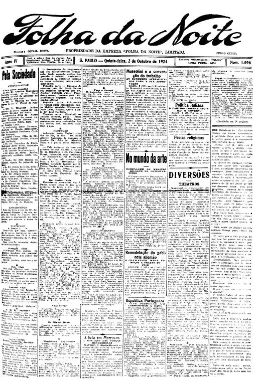 Primeira Página da Folha da Noite de 2 de outubro de 1924