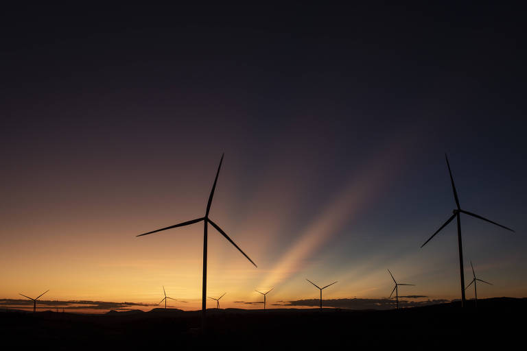 Fotografia ao entardecer mostra sombra de torres eólicas.