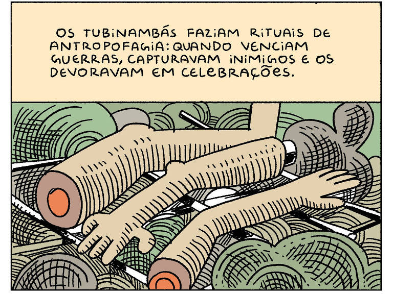 A imagem apresenta uma ilustração que mostra braços e mãos estilizados, dispostos sobre um fundo que sugere um ambiente natural. Acima da ilustração, há um texto que descreve os rituais de antropofagia dos Tubinambás, mencionando que eles capturavam inimigos em guerras e os devoravam em celebrações.