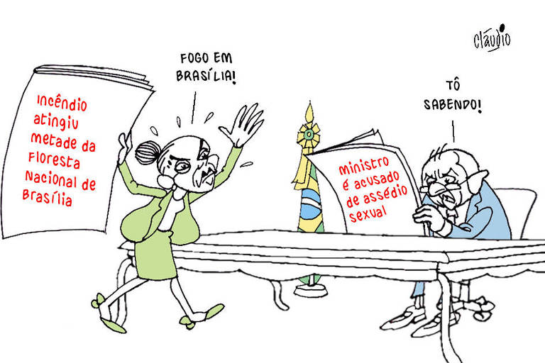 A charge mostra uma cena no gabinete presidencial. Em primeiro plano, Marina Silva, ministra do Meio Ambiente, surge aflita com um jornal na mão, cuja manchete é Incêndio atingiu metade da Floresta Nacional de Brasília. Ela grita:  - Fogo em Brasília!  Ao fundo, vê-se Lula sentado na cadeira do presidente. Ele diz para Marina:  - Tô sabendo!  O presidente lê um jornal com a manchete Ministro é acusado de assédio sexual.